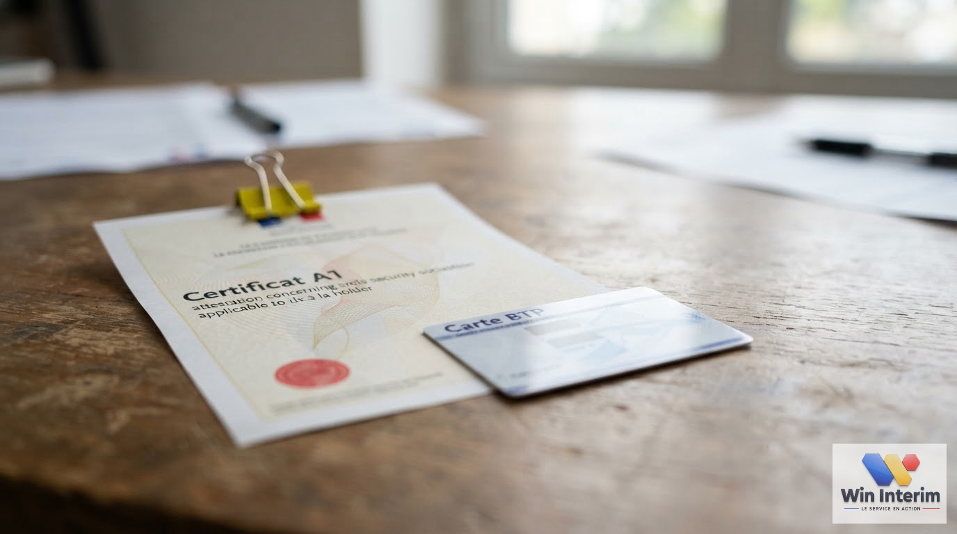 Certificat A1 et carte BTP posés sur une table pour vérification administrative.