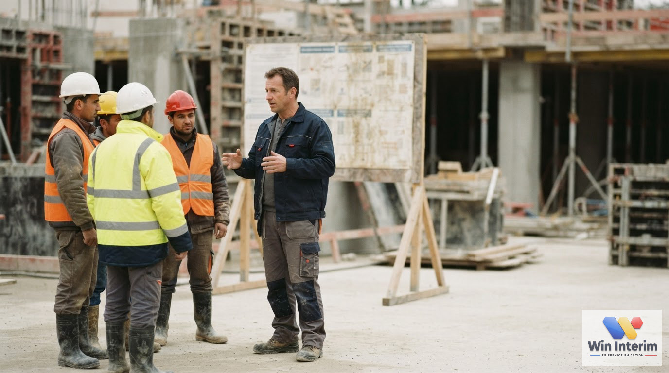 Un chef de chantier donne des consignes de sécurité à des ouvriers roumains.