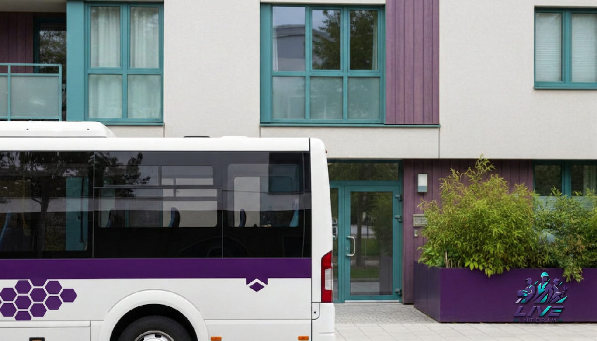 Minibus devant un immeuble d'appartements, symbolisant le logement et le transport.