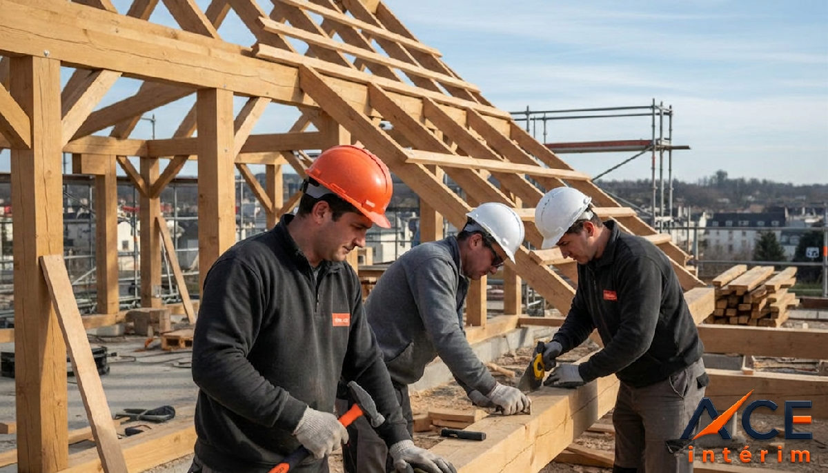 recrutement charpentiers couvreurs roumains btp - Charpentiers roumains qualifiés travaillant sur une structure en bois.