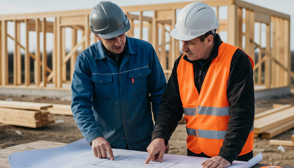 Chef de travaux français et chef d'équipe roumain consultant des plans.