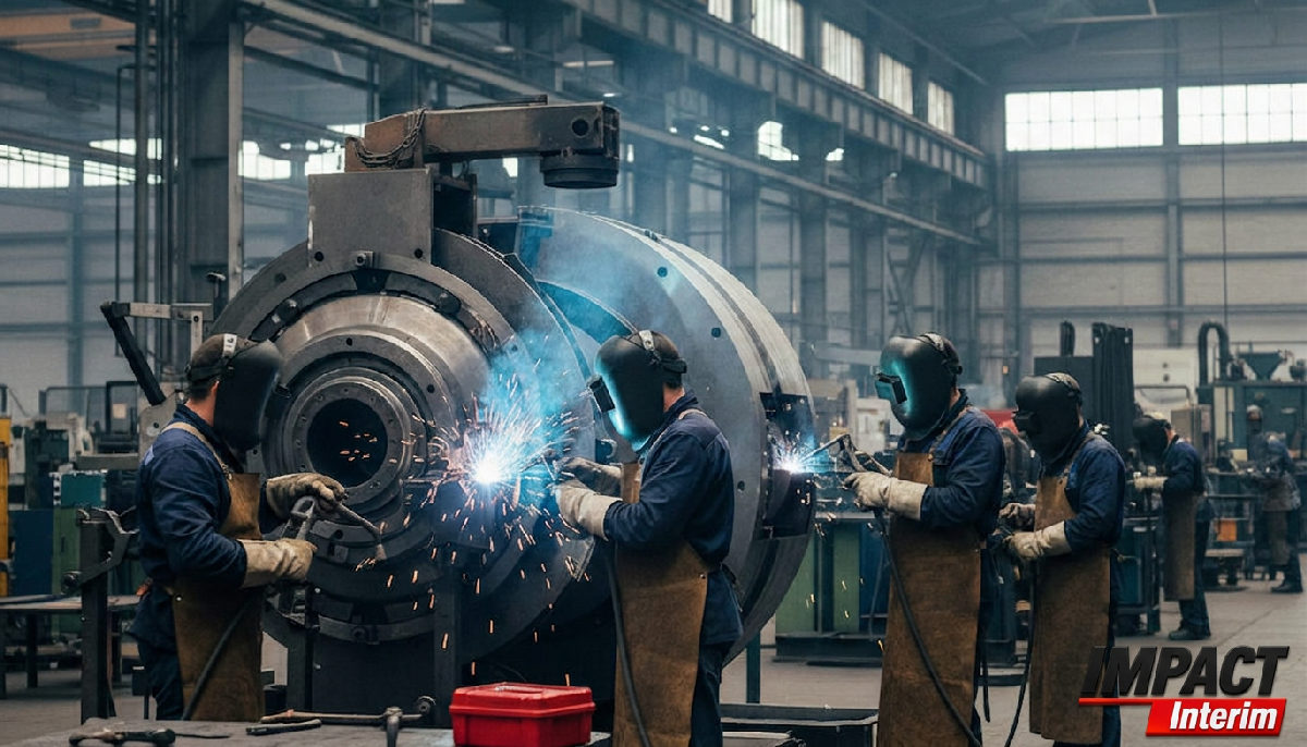 Techniciens roumains qualifiés travaillant sur un projet de soudure industriel en France.