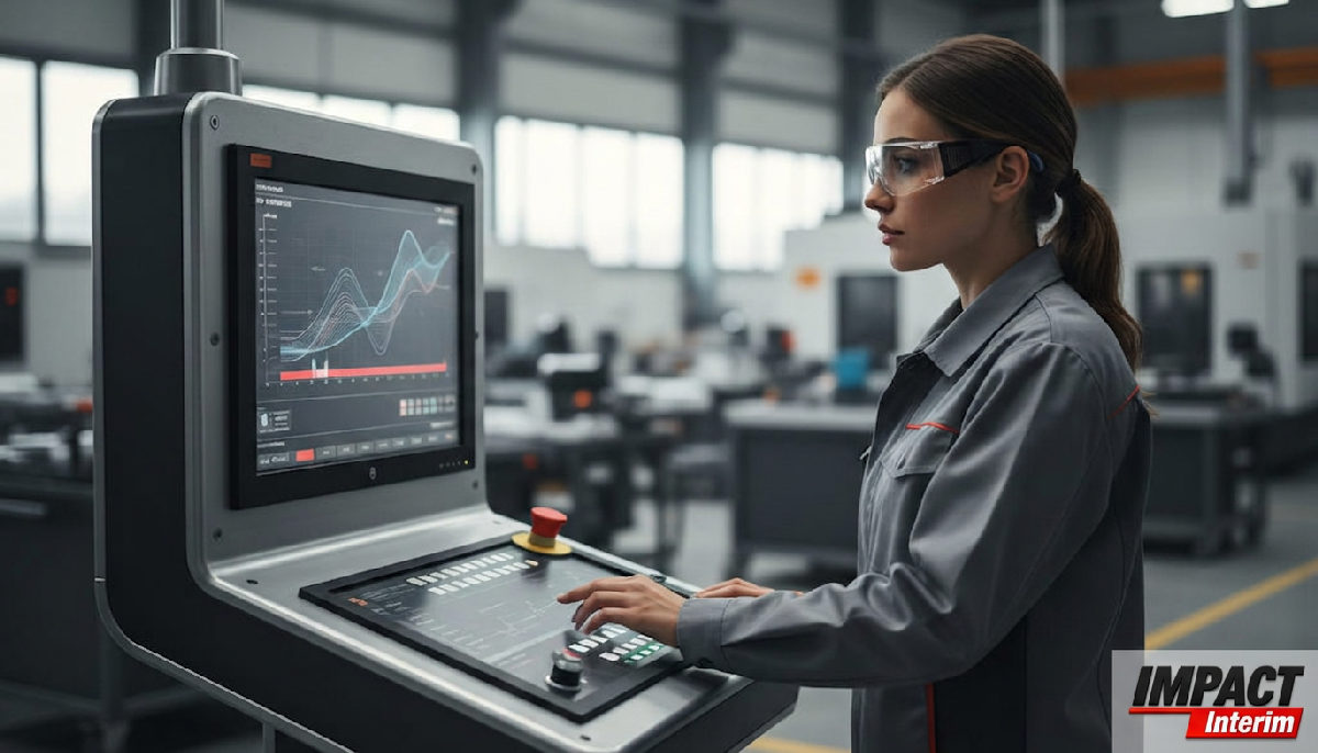 Technicien concentré surveillant un panneau de contrôle high-tech dans une usine.