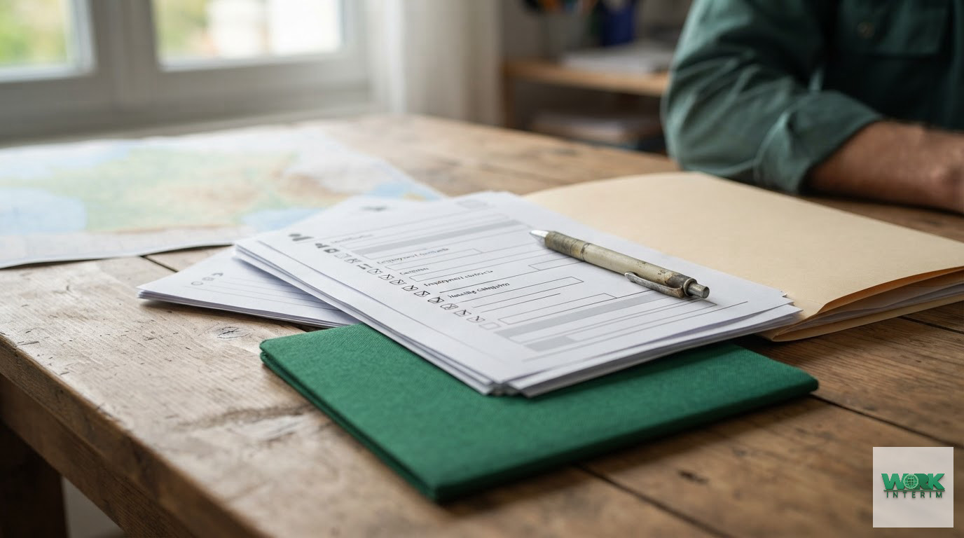 Documents administratifs et contrat agricole disposés sur un bureau en bois.