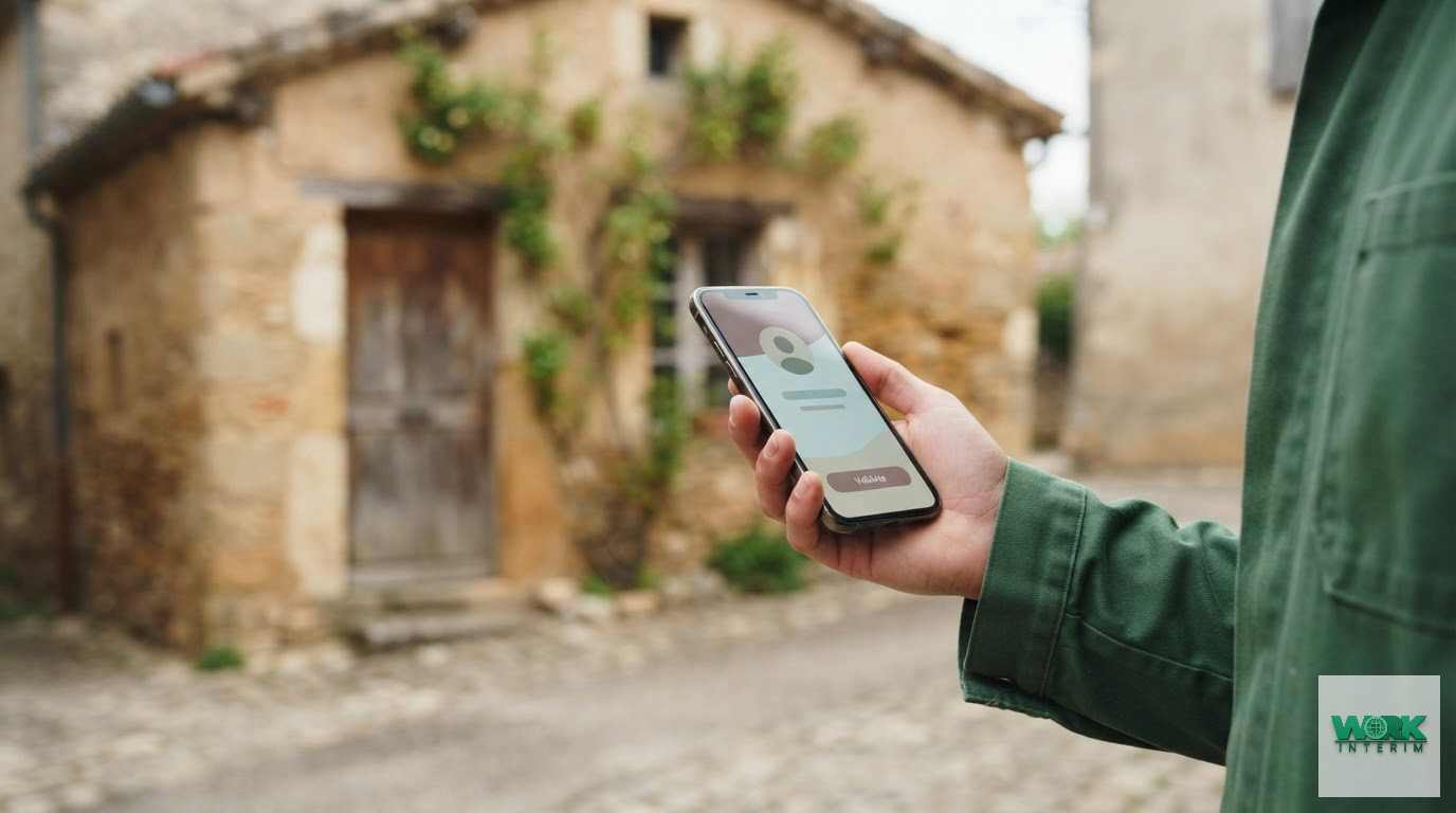 Main utilisant l'application Visale devant une maison de village française.