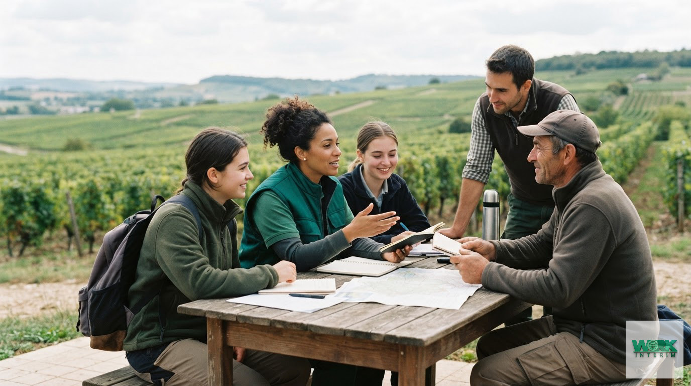 Travailleurs agricoles discutant ensemble face à des vignobles verdoyants.
