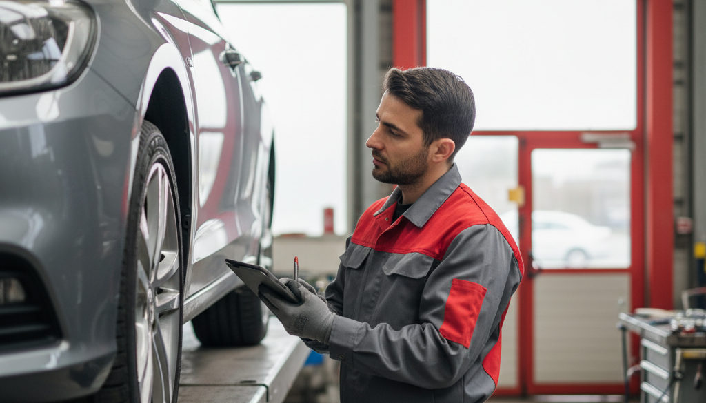 Technicien inspectant un véhicule importé à la DREAL pour réception.