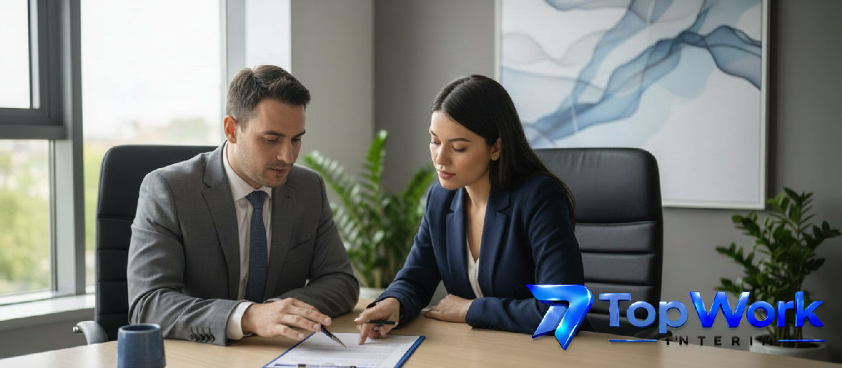 Assureur et client examinant un contrat d'assurance RC pour intérimaires.