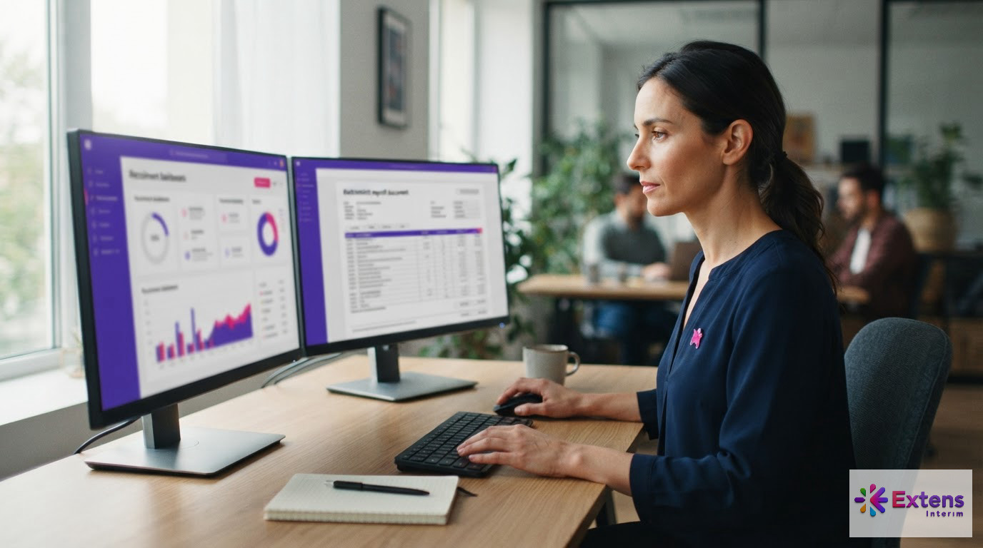 Gestionnaire de paie consultant des tableaux de bord sur deux écrans informatiques.