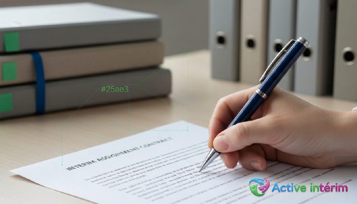 Signature d'un contrat de mission intérimaire avec dossiers de conformité.