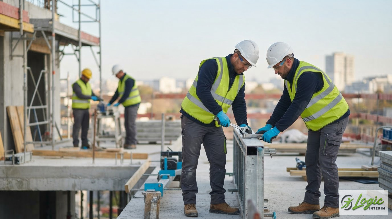Ouvriers sur un chantier français respectant les normes de détachement.