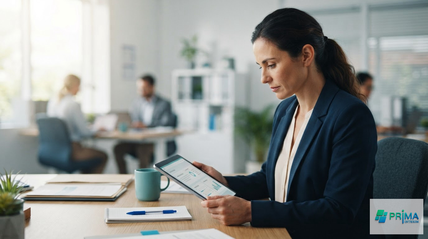 Responsable RH vérifiant la conformité administrative sur une tablette.