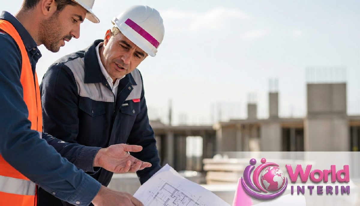 Ouvrier roumain et chef de chantier français discutent des plans.