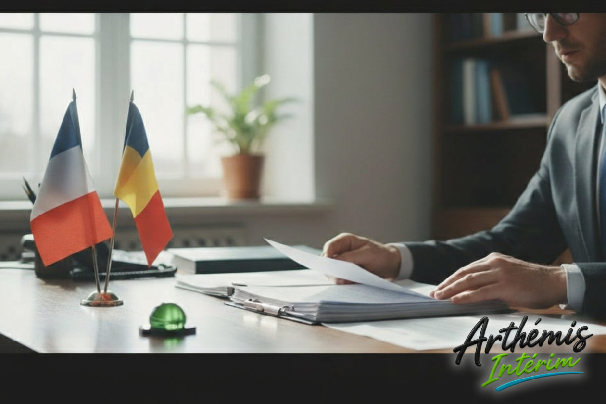 Bureau avec documents, drapeaux français et roumain.