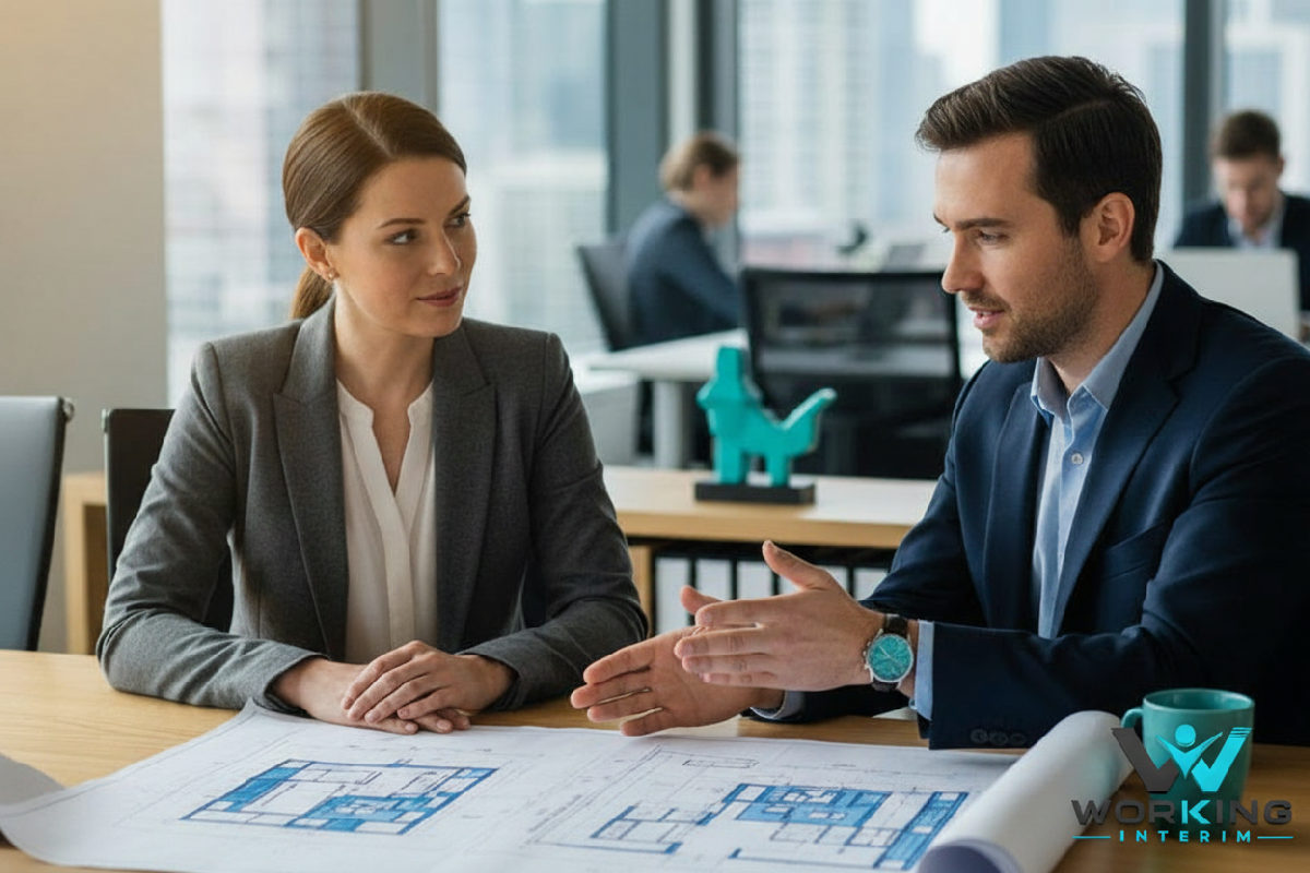 Consultant de Working Intérim discutant avec un chef d'entreprise sur des plans.