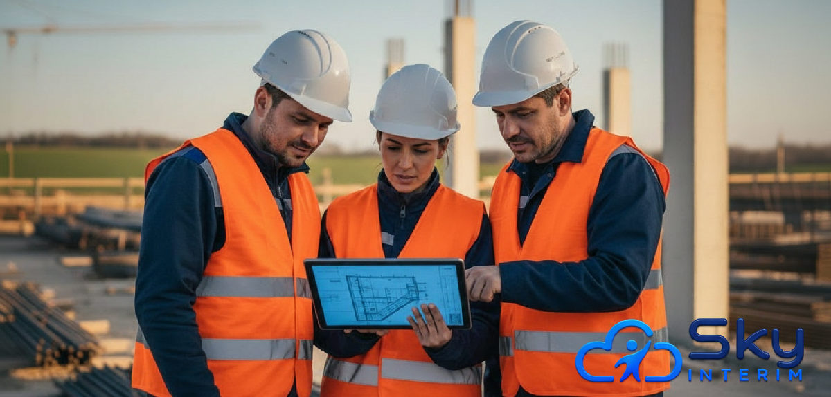 Ouvriers roumains du bâtiment en France consultant des plans sur une tablette.