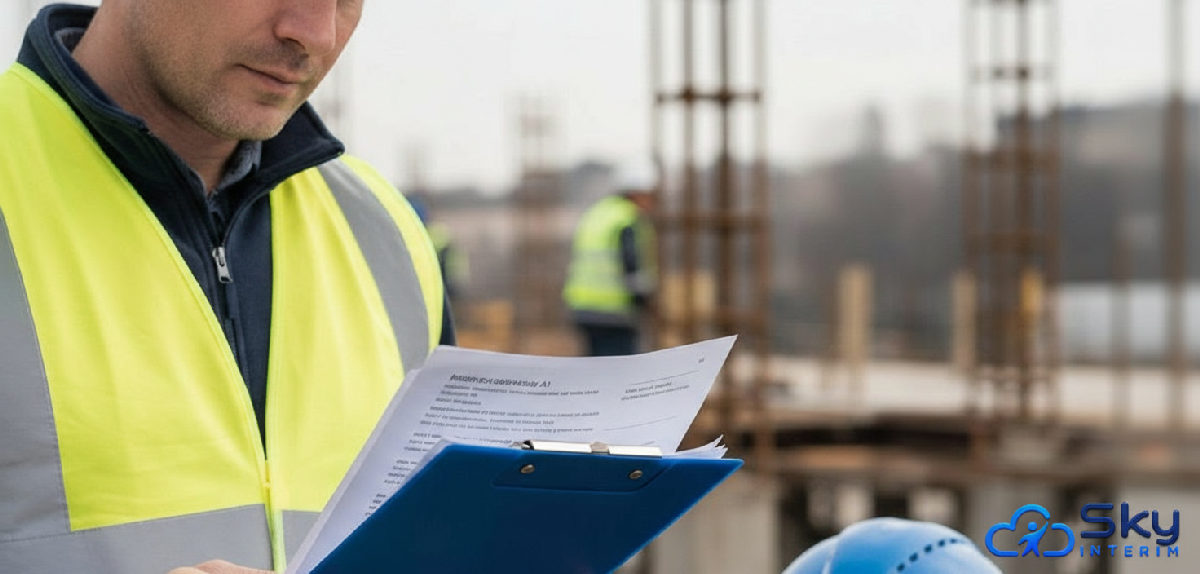 Inspecteur français examinant un formulaire A1 sur un chantier.