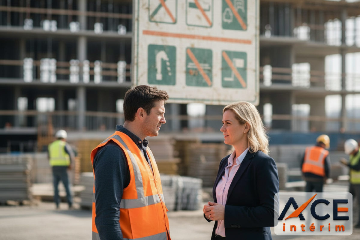 Inspecteur du travail discutant avec un responsable RH sur un chantier.