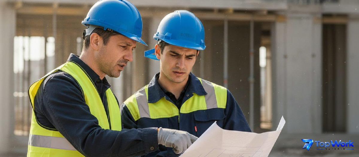 Chef de chantier expliquant une tâche à un ouvrier.