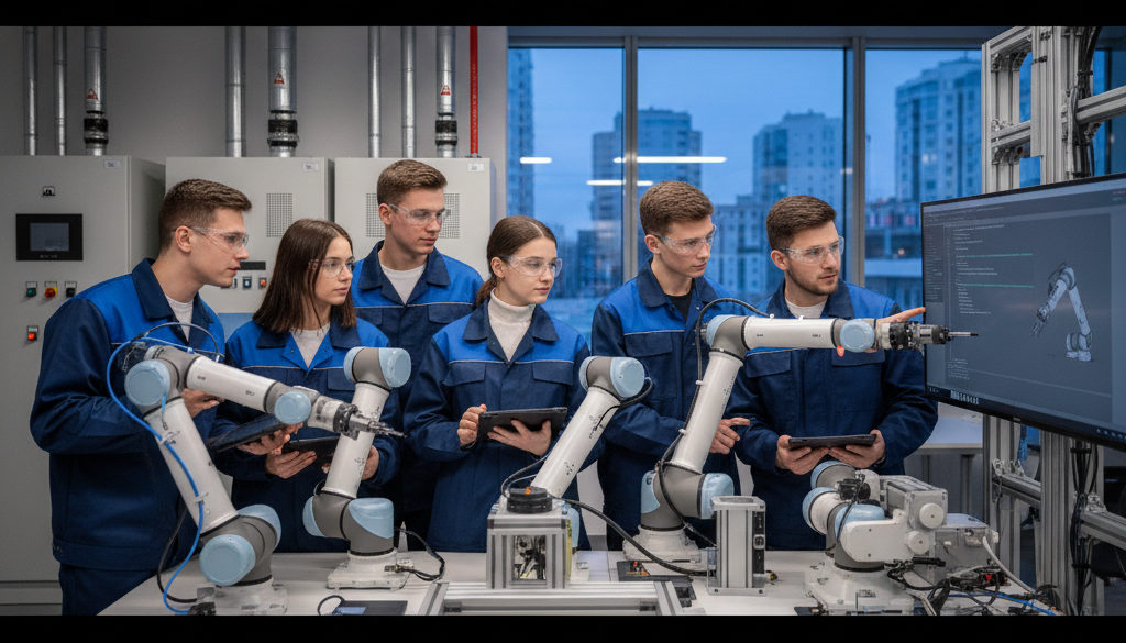 Apprentis roumains programmant des robots industriels pour l'avenir.