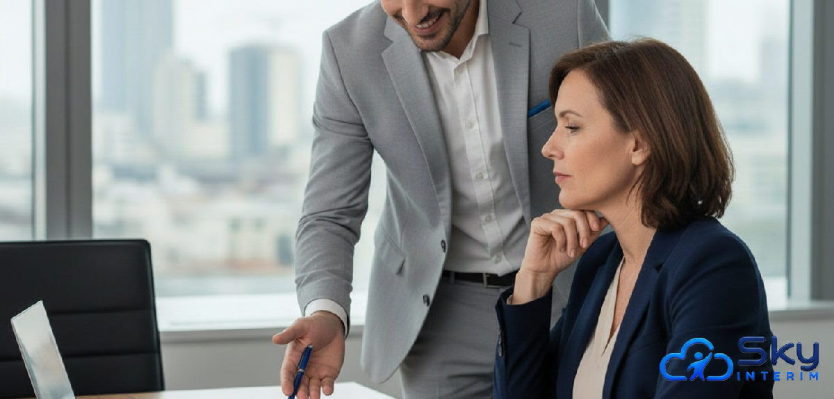 Consultant expliquant la conformité légale à un chef d'entreprise.