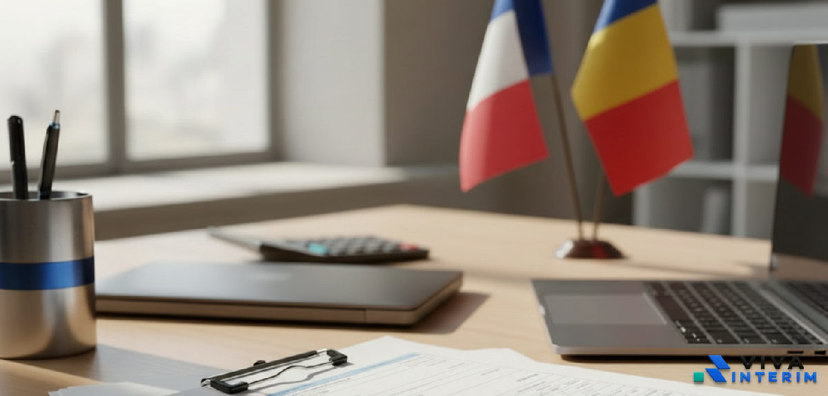 payer intérimaires roumains en france - Bureau avec drapeaux français et roumain : paie pour intérimaires.