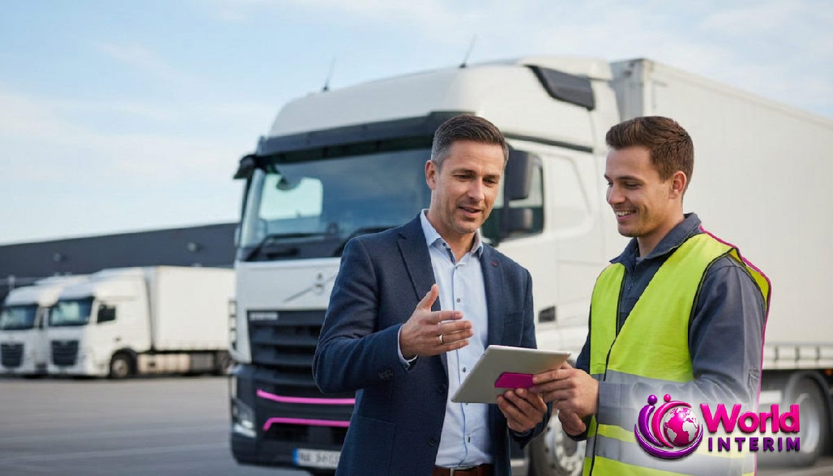 Gestionnaire et intérimaire discutant devant un camion.