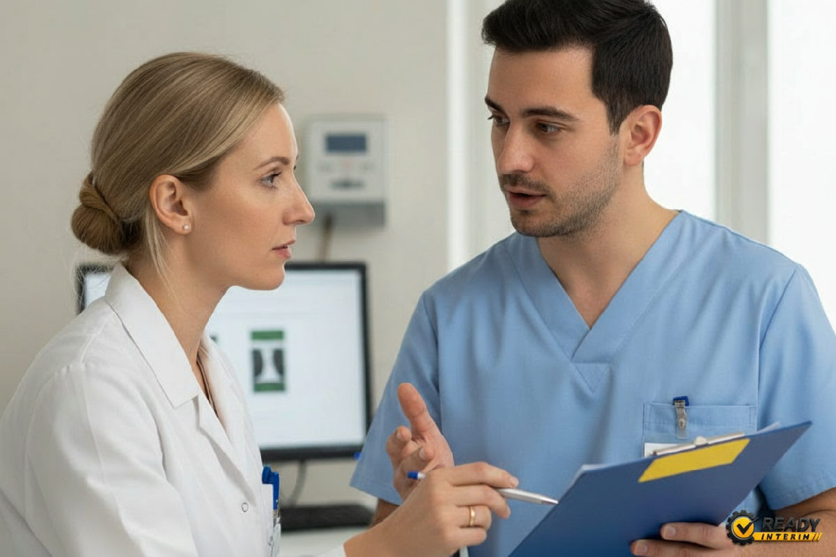 Infirmier roumain et médecin français discutant sur un tableau clinique.
