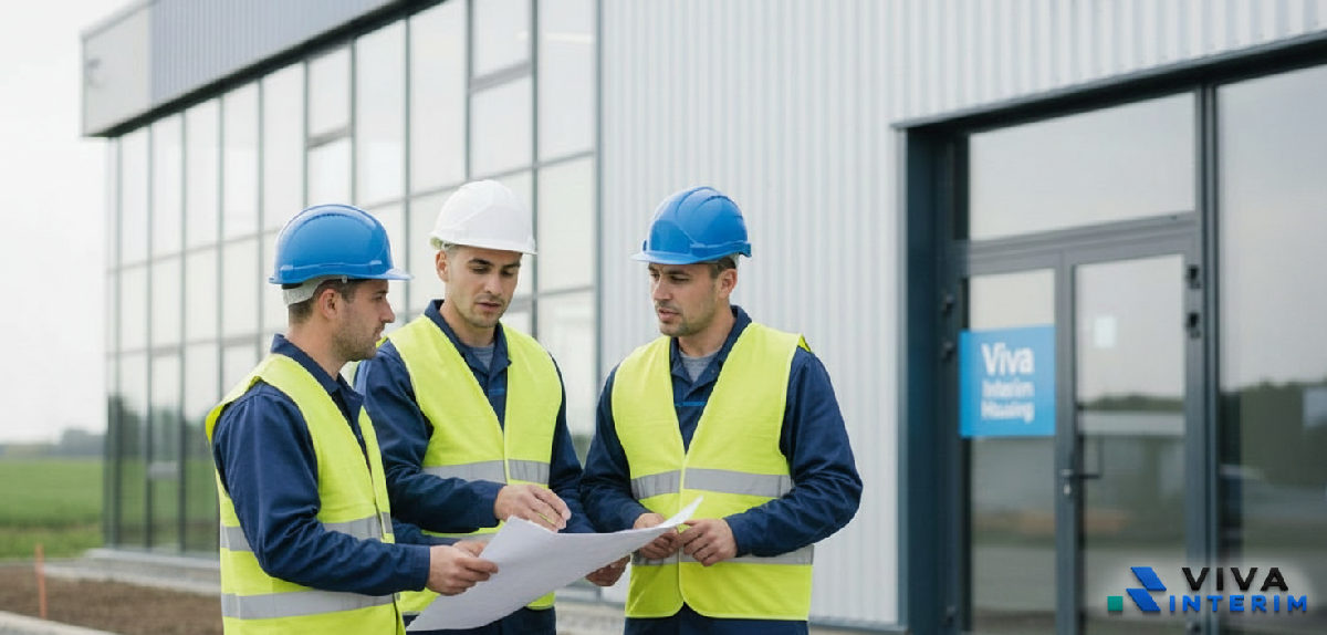 comment proposer logement intérimaires roumains en france - Ouvriers roumains devant un bâtiment industriel en France.
