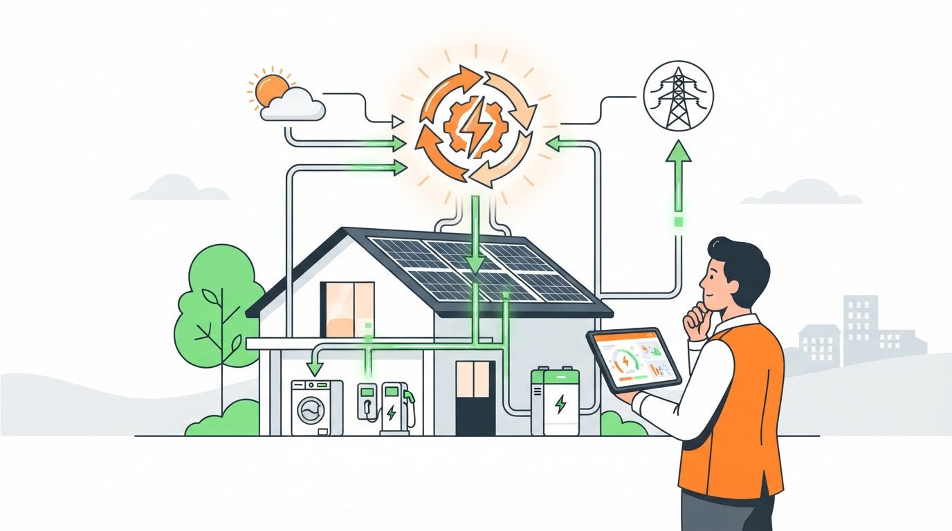 Technik nastavuje systém chytrého řízení fotovoltaické elektrárny v rodinném domě.