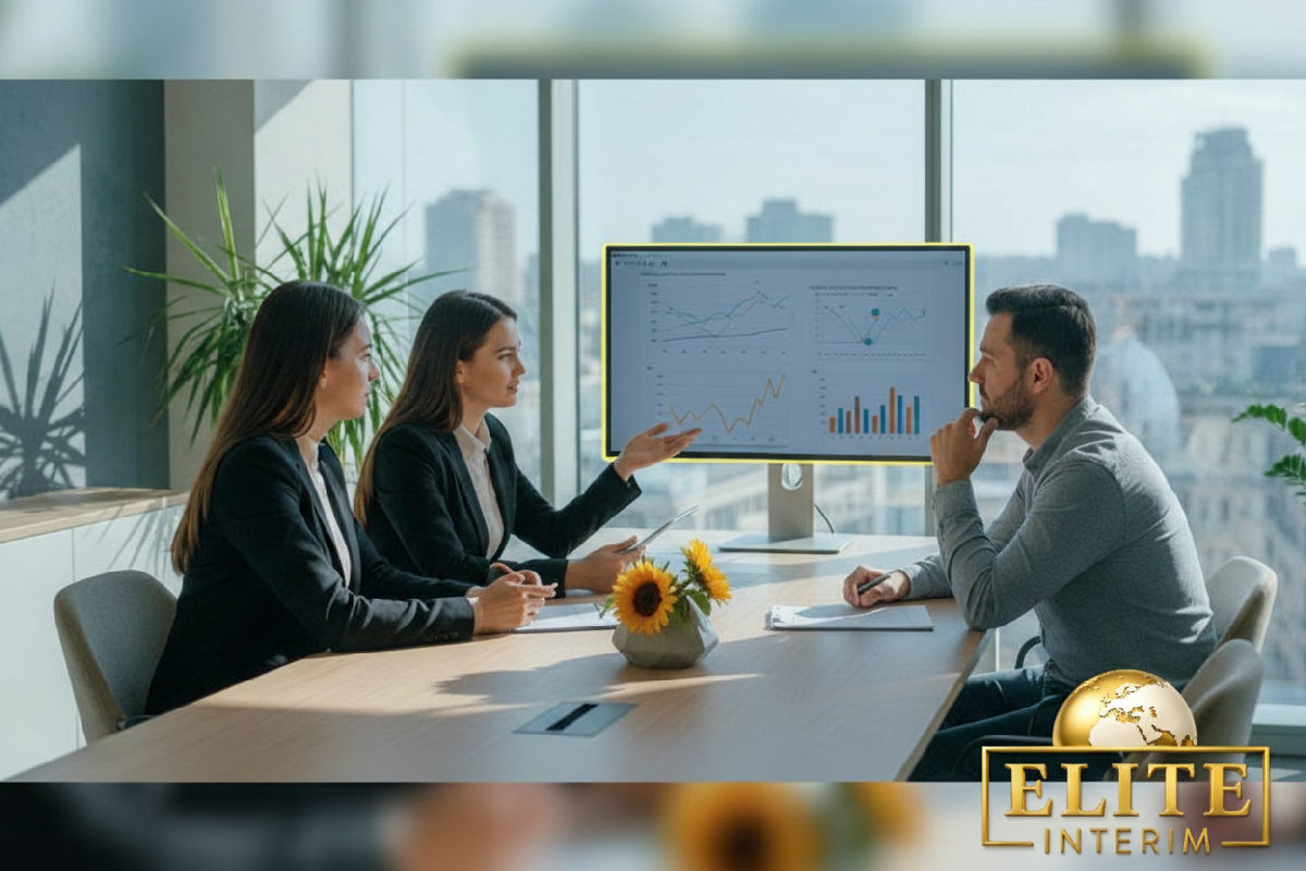 Experts RH en entretien technique dans un bureau moderne à Bucarest.