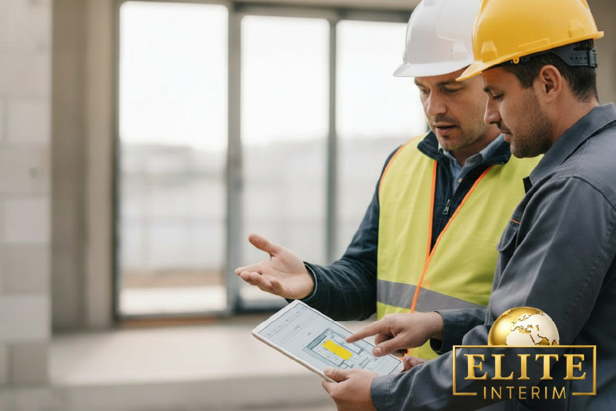 Ouvrier roumain et chef de chantier français discutant des plans.