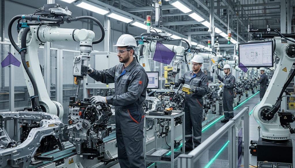 productivité équipes roumaines industrie - Ouvriers roumains sur une ligne de production automobile automatisée.