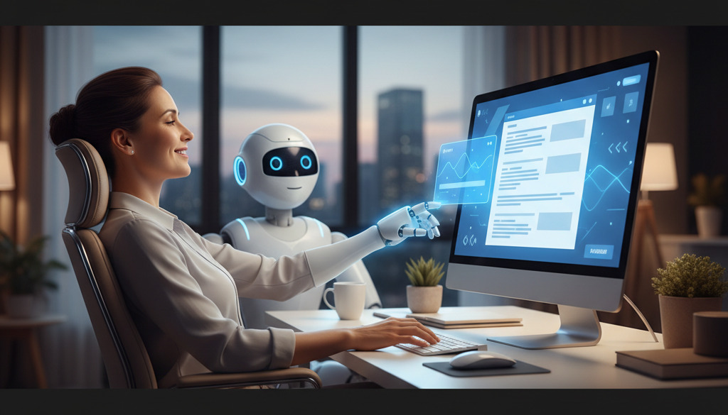 Small business owner relieved as AI helps write blog post.