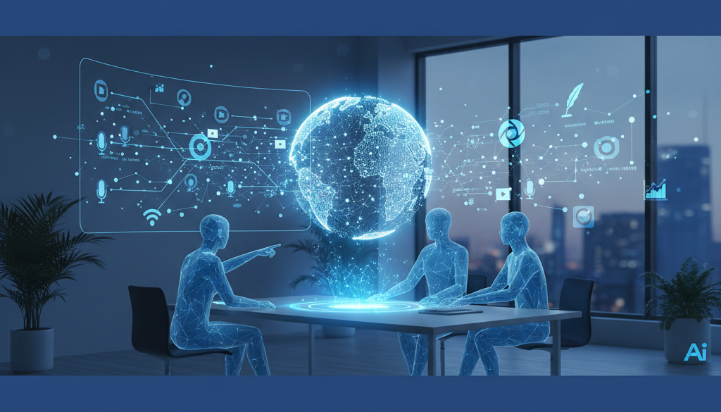Robot and human collaborate on content marketing for small business.