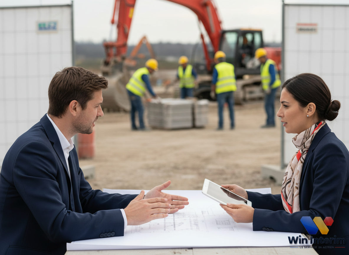 Réunion professionnelle pour le recrutement de travailleurs roumains sur un chantier.