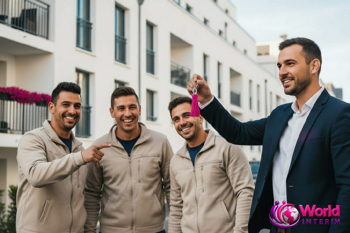 Remise des clés d'un appartement à des ouvriers roumains.