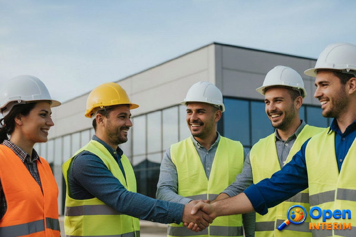 Ouvriers roumains et français souriants devant un bâtiment achevé.