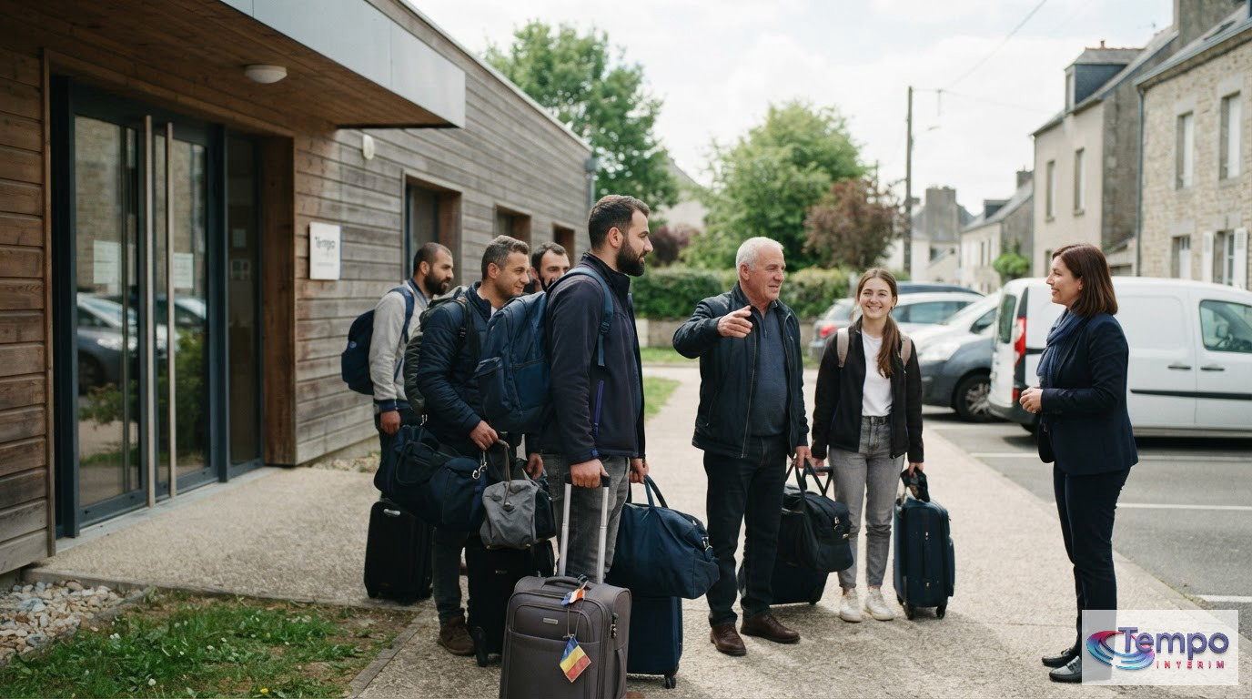 Des ouvriers roumains arrivant en France avec leurs bagages devant un centre.