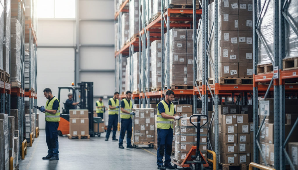 recrutement intérim roumain logistique pics - Entrepôt logistique animé avec préparateurs, illustrant le recrutement roumain.