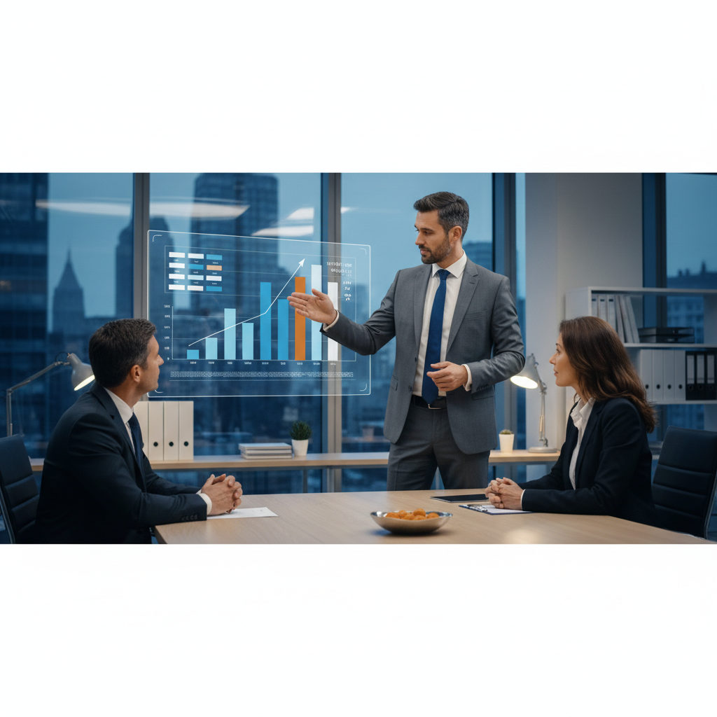 Un bureau de gestion logistique où un consultant Perform Intérim présente graphiquement les gains de productivité à un client français.
