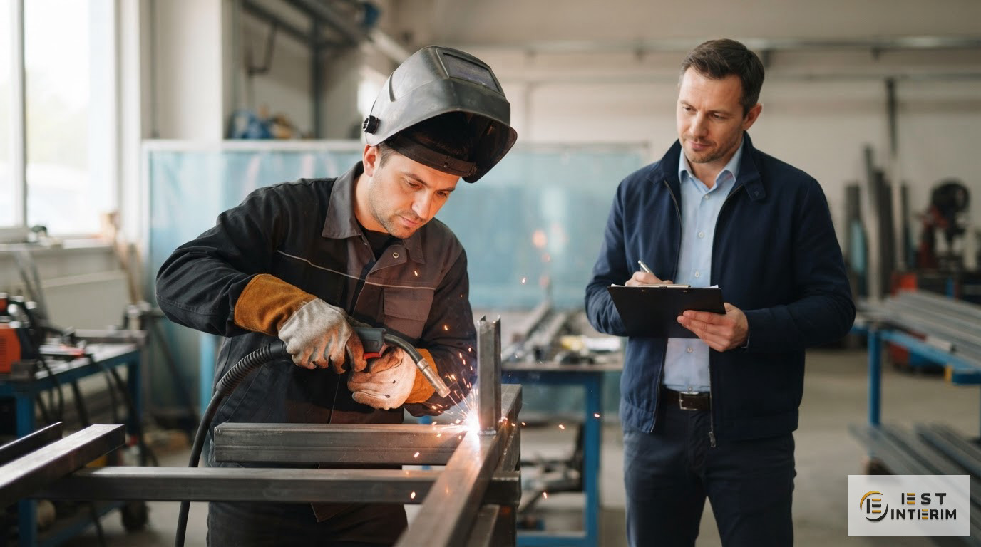 Un ouvrier roumain effectuant un test de soudure devant un recruteur.
