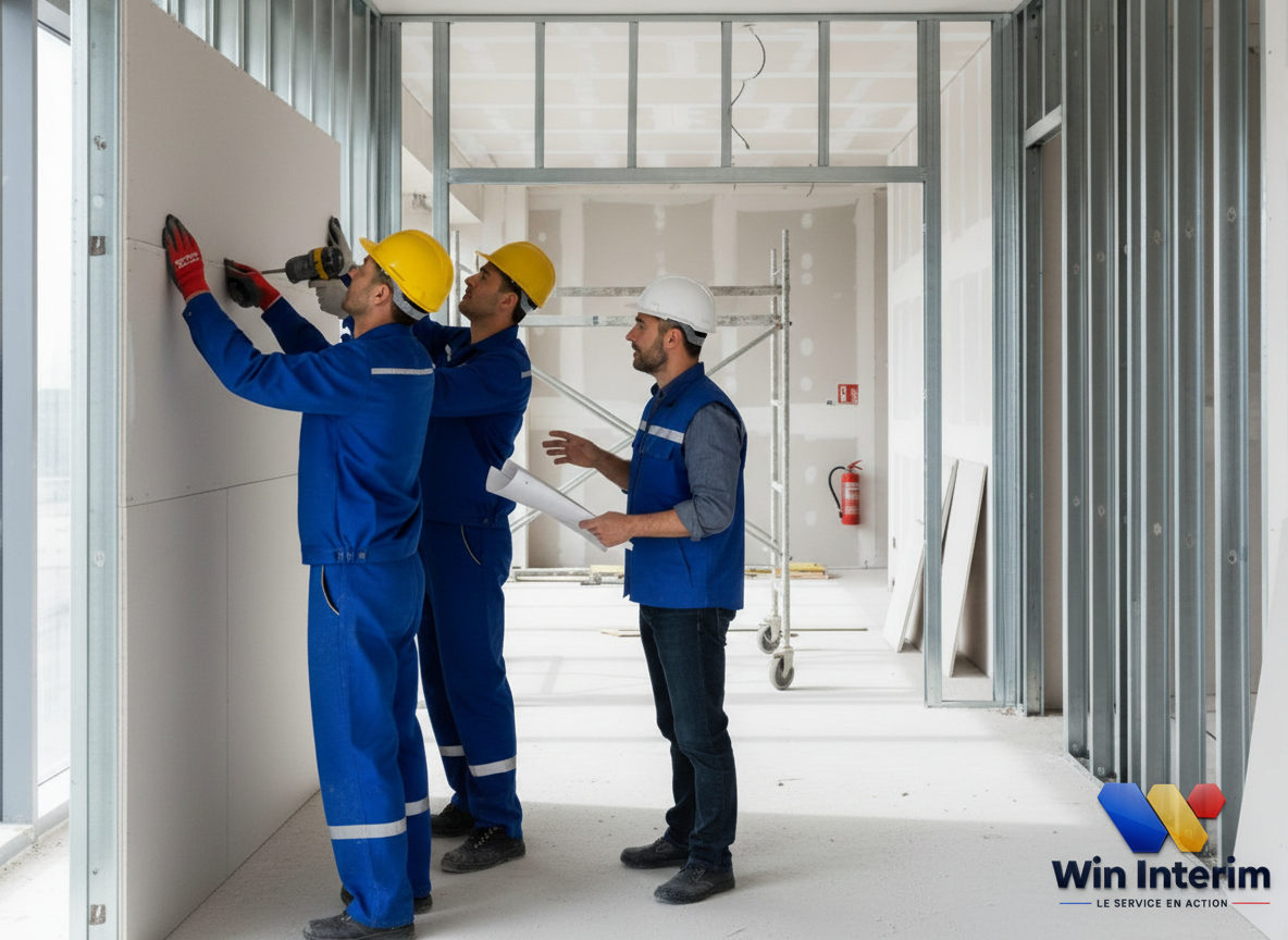 Équipe de plaquistes roumains supervisée par un chef de chantier français.