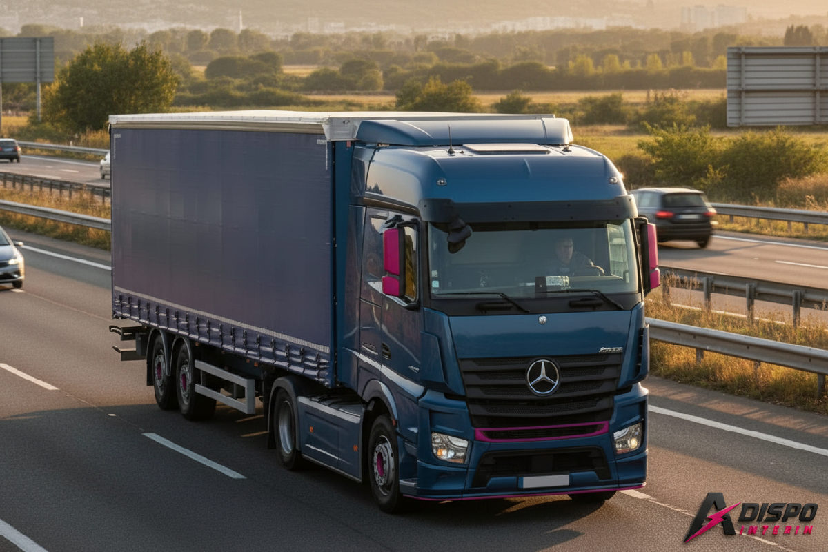 Camion sur autoroute française, symbolisant le transport et le détachement.