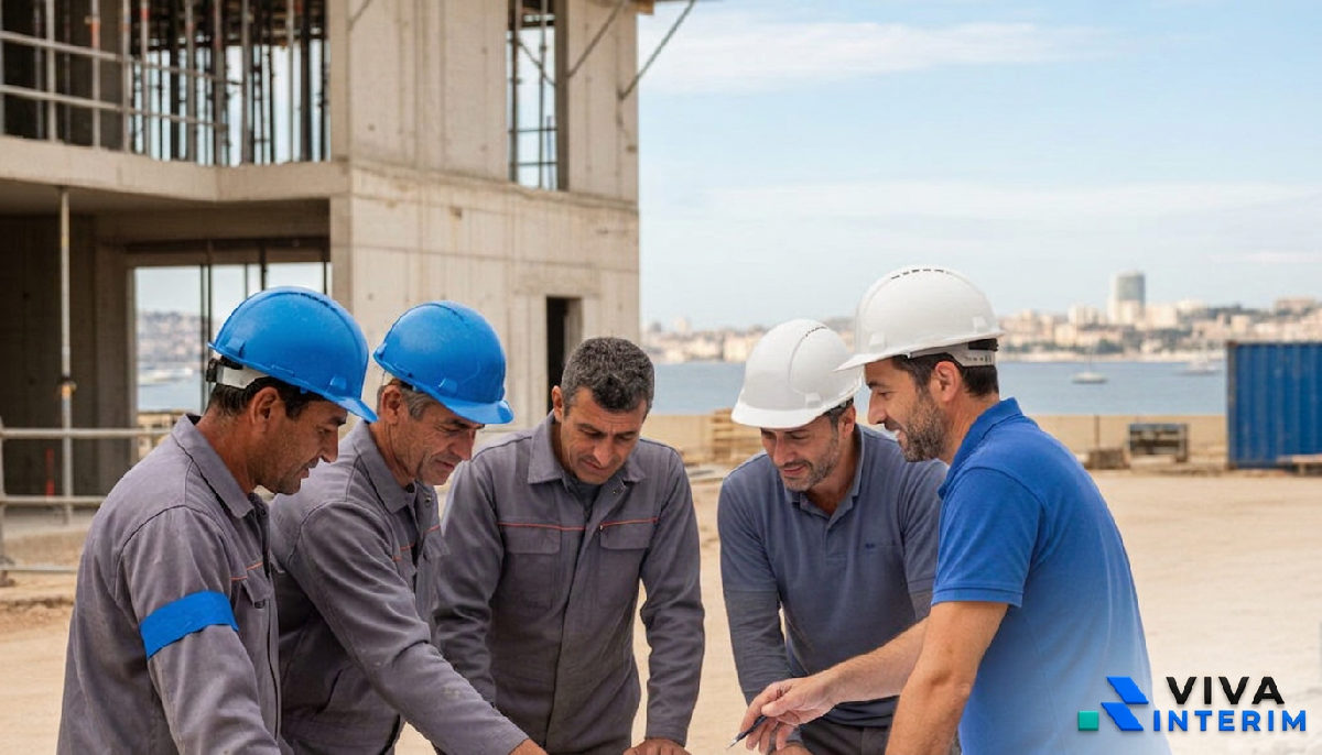  ouvriers roumains et manager français collaborant sur des plans à Marseille.