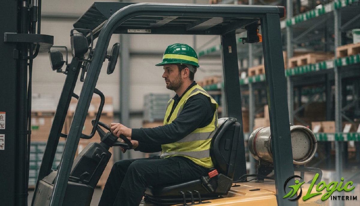 Gros plan sur un chariot élévateur conduit par un cariste professionnel, avec des rayonnages organisés en arrière-plan, symbolisant l'efficacité.