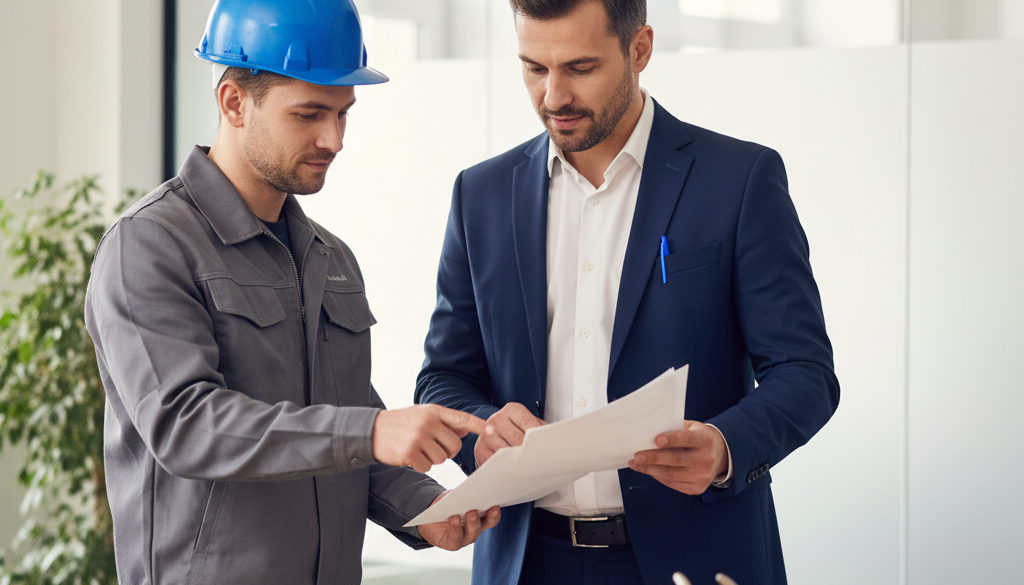 Consultant vérifiant les documents d'un ouvrier qualifié.