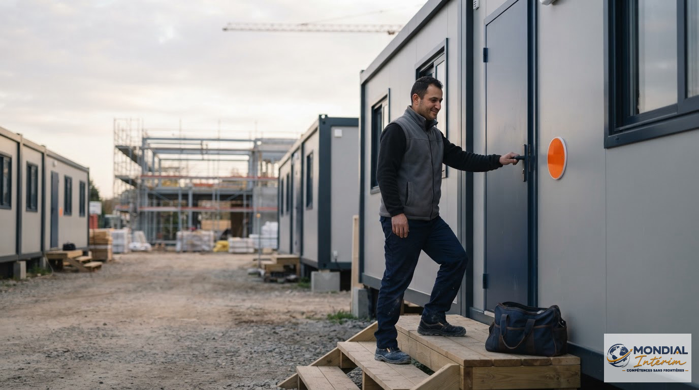 Intérieur d'un logement préfabriqué confortable pour travailleurs détachés sur un chantier.