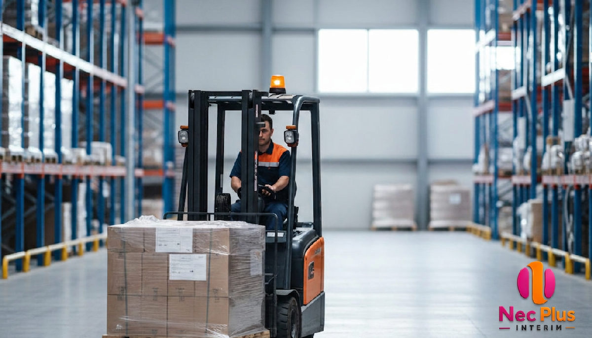 profil logistique roumain - Entrepôt logistique roumain avec chariot élévateur en action.