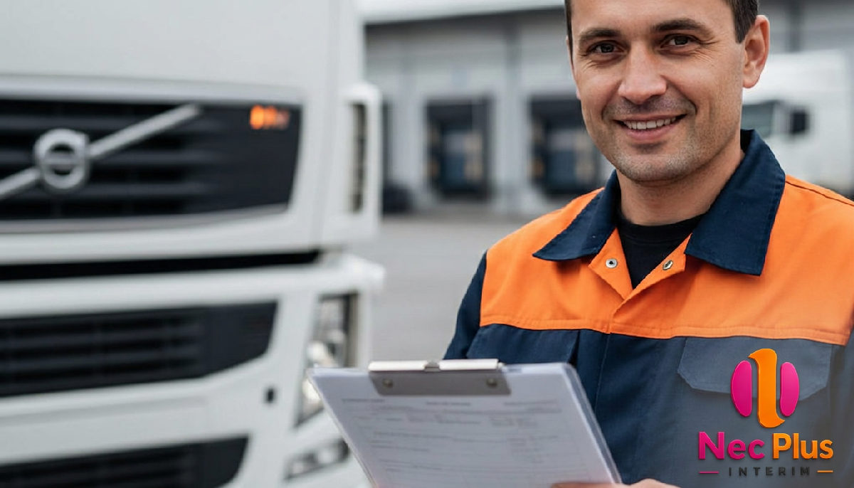 Chauffeur roumain souriant vérifiant ses documents devant son camion.